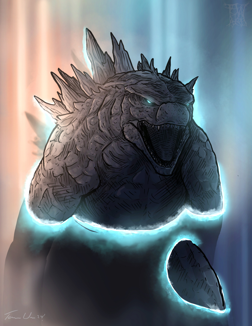 absurdres axis_mundi blue_eyes crossover energy energy_field glowing glowing_eyes godzilla godzilla_(2014) godzilla_(series) highres kaiju king_kong_(series) legendary_pictures monarch:_legacy_of_monsters monster monsterverse no_humans no_pupils open_mouth roaring sharp_teeth spikes tanner_wright_art teeth toho tongue warner_bros.