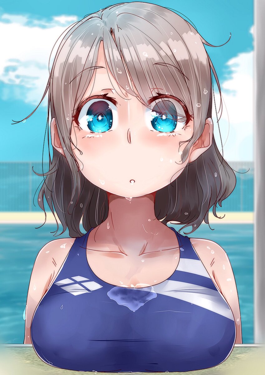 1girl blue_eyes breasts brown_hair competition_swimsuit highres large_breasts looking_at_viewer love_live! love_live!_sunshine!! one-piece_swimsuit pool short_hair solo swimsuit upper_body watanabe_you water wet