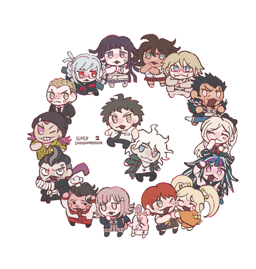 30en_(esx5g) 6+boys 6+girls :d ;o alternate_hair_ornament blonde_hair blush breasts brown_hair collared_shirt copyright_name danganronpa_(series) danganronpa_2:_goodbye_despair dark-skinned_female dark-skinned_male dark_skin freckles grey_hair hair_ornament hanamura_teruteru hinata_hajime holding hood jacket koizumi_mahiru komaeda_nagito kuzuryu_fuyuhiko long_hair long_sleeves looking_at_viewer medium_hair mioda_ibuki multiple_boys multiple_girls nanami_chiaki nidai_nekomaru one_eye_closed open_clothes open_mouth owari_akane pekoyama_peko pink_eyes red_hair ribbon saionji_hiyoko shirt short_hair simple_background skirt smile soda_kazuichi sonia_nevermind tanaka_gundham togami_byakuya_(danganronpa_2) triangle_hair_ornament tsumiki_mikan white_shirt