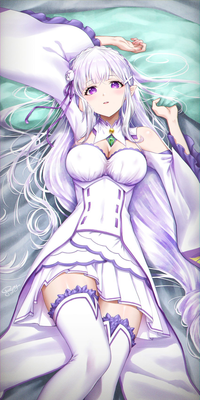 1girl absurdres breasts cleavage commentary_request detached_sleeves emilia_(re:zero) hair_ribbon highres long_hair looking_at_viewer lying medium_breasts on_back purple_ribbon re:zero_kara_hajimeru_isekai_seikatsu ribbon royboy skirt solo thighhighs white_hair white_skirt white_thighhighs wide_sleeves zettai_ryouiki