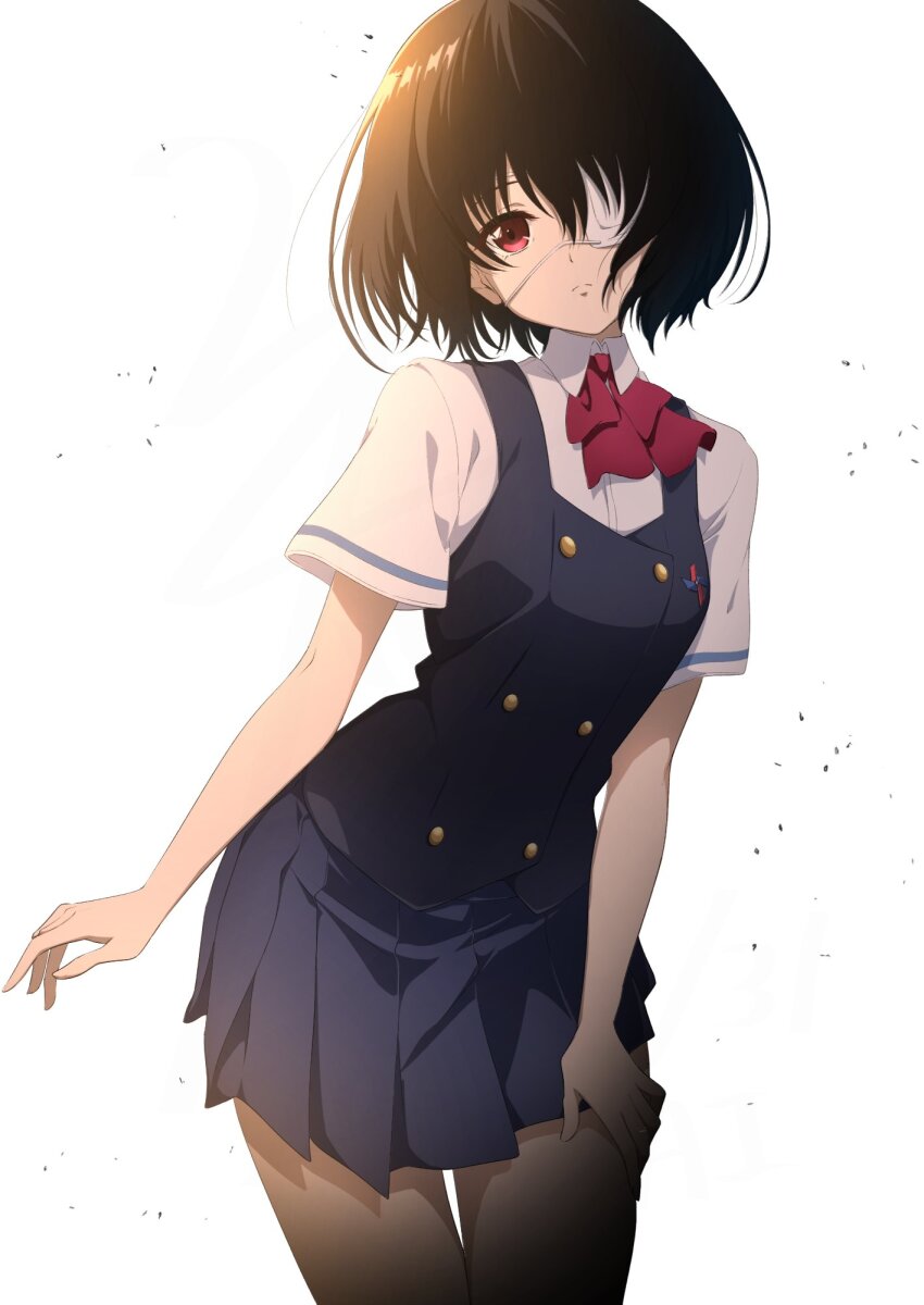 1girl another backlighting black_hair black_vest blue_skirt bow bowtie breasts buttons closed_mouth collared_shirt commentary cowboy_shot double-breasted eyepatch frown hand_on_own_thigh highres leaning_forward looking_at_viewer medical_eyepatch miniskirt misaki_mei nishizuki_shino pleated_skirt red_bow red_bowtie red_eyes school_uniform shirt short_hair short_sleeves skirt solo standing vest white_background white_shirt yomiyama_north_junior_high_school_uniform