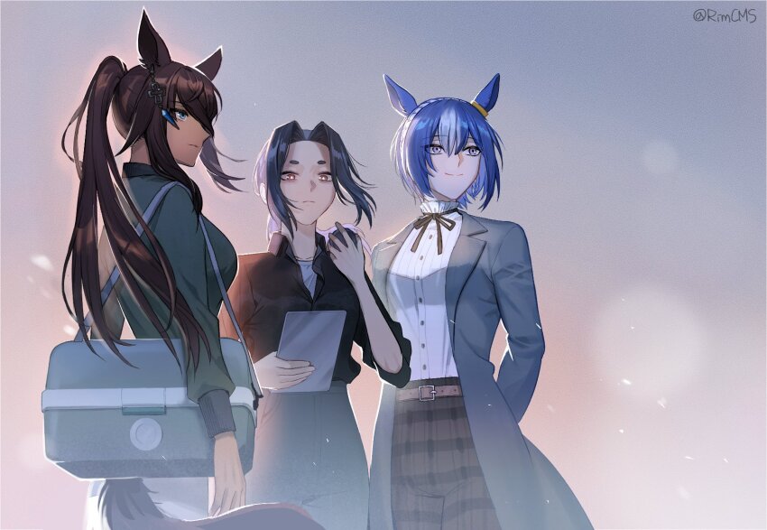 3girls animal_ears arms_behind_back black_ribbon black_shirt black_tail blue_eyes blue_hair borrowed_character bright_pupils brown_hair brown_pants cesario_(umamusume) closed_mouth coat collared_shirt commentary_request commission cooler cowboy_shot curtained_hair dark-skinned_female dark_skin dress_shirt ear_ornament female_trainer_(umamusume) green_jacket grey_coat grey_pants hand_up high-waist_pants highres horse_ears horse_girl horse_tail jacket korean_commentary long_hair mixed-language_commentary multicolored_hair multiple_girls neck_ribbon nezuo_yumi_(yongma) oc_x_canon open_clothes open_coat original outdoors pants plaid_clothes plaid_pants ponytail purple_eyes red_eyes ribbon rimcms second-party_source shirt shirt_tucked_in short_eyebrows short_hair shoulder_strap smile standing streaked_hair symboli_kris_s_(umamusume) tail trainer_(umamusume) umamusume white_hair white_pupils white_shirt