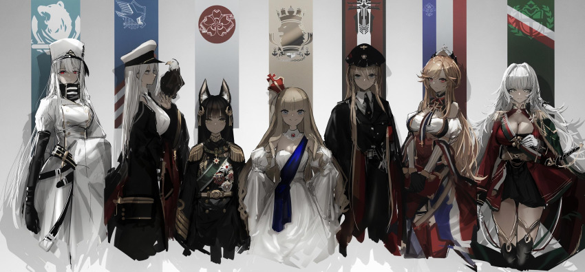 6+girls absurdres animal animal_ear_fluff animal_ears azur_lane bald_eagle bare_shoulders belt belt_buckle bird bird_on_hand bismarck_(azur_lane) black_belt black_coat black_gloves black_headwear black_neckwear blonde_hair blouse blue_eyes blunt_bangs blush book breasts brown_eyes brown_hair buckle cleavage closed_mouth coat coat_dress collar country_connection cross crown detached_collar detached_sleeves dress eagle eagle_union_(emblem) elbow_gloves emblem england enterprise_(azur_lane) epaulettes expressionless facing_viewer fox_ears france french_flag from_side germany gloves grey_eyes grey_hair hair_between_eyes hair_ornament hat height_difference high_collar highres hime_cut holding holding_book huge_filesize iris_libre_(emblem) iron_blood_(emblem) iron_cross italian_flag italy jacket japan large_breasts long_hair long_sleeves looking_at_viewer medal medium_breasts military military_hat military_jacket military_uniform mini_crown mole mole_under_eye multiple_girls nagato_(azur_lane) narue navy necktie neckwear_request northern_parliament_(emblem) open_clothes open_coat own_hands_together peaked_cap profile queen_elizabeth_(azur_lane) red_eyes richelieu_(azur_lane) royal_navy_emblem_(azur_lane) russia sakura_empire_(emblem) sardegna_empire_(emblem) shaded_face shadow shirt sidelocks simple_background smile sovetskaya_rossiya_(azur_lane) standing strapless strapless_dress thighhighs united_kingdom united_states upper_body very_long_hair vittorio_veneto_(azur_lane) white_dress white_gloves white_hair white_headwear white_shirt wide_sleeves wing_collar