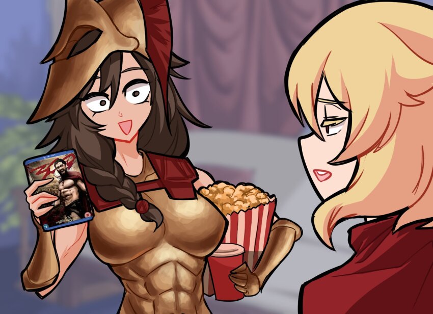 1boy 2girls 300_(movie) anachronism ancient_greek_clothes armor beard black_hair blonde_hair blu-ray_cover braid centurii-chan centurii-chan_(character) cover cup disposable_cup dvd_case facial_hair food greco-roman_clothes helmet highres hoplite_(centurii-chan) leonidas multiple_girls original popcorn sparta