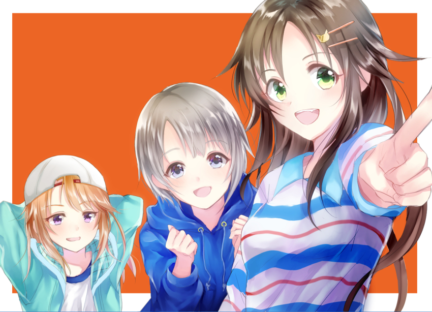3girls arms_behind_head baseball_cap blue_hoodie blue_trim blush border breasts brown_hair cat_hair_ornament collarbone green_eyes green_jacket grey_eyes grey_hair hair_between_eyes hair_ornament hairclip hands_up hat himekawa_yuki hood hood_down hoodie idolmaster idolmaster_cinderella_girls idolmaster_cinderella_girls_starlight_stage jacket long_hair looking_at_viewer matsurika_yuuri medium_breasts multicolored_shirt multiple_girls open_clothes open_jacket open_mouth orange_background orange_hair otokura_yuuki outside_border pointing pointing_at_viewer purple_eyes shirt short_hair simple_background small_breasts smile striped_clothes striped_shirt teeth upper_body upper_teeth_only white_border white_shirt yuuki_haru