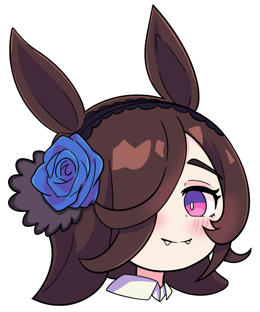 1girl animal_ears blue_flower blue_rose brown_hair flipped_hair flower frilled_hairband frills hair_over_one_eye hairband halloween halloween_costume highres horse_ears horse_girl long_hair looking_at_viewer mem_chi official_alternate_costume purple_eyes rice_shower_(make_up_vampire!)_(umamusume) rice_shower_(umamusume) rose shirt solo umamusume white_shirt