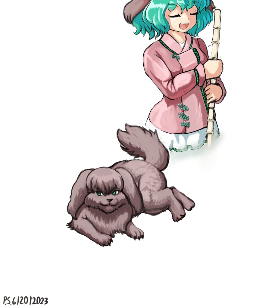 1girl absurdres broom brown_shirt closed_eyes commentary dated english_commentary green_eyes green_hair highres holding holding_broom kasodani_kyouko kasodani_kyouko_(yamabiko) open_mouth profitshame shirt short_hair signature simple_background touhou white_background