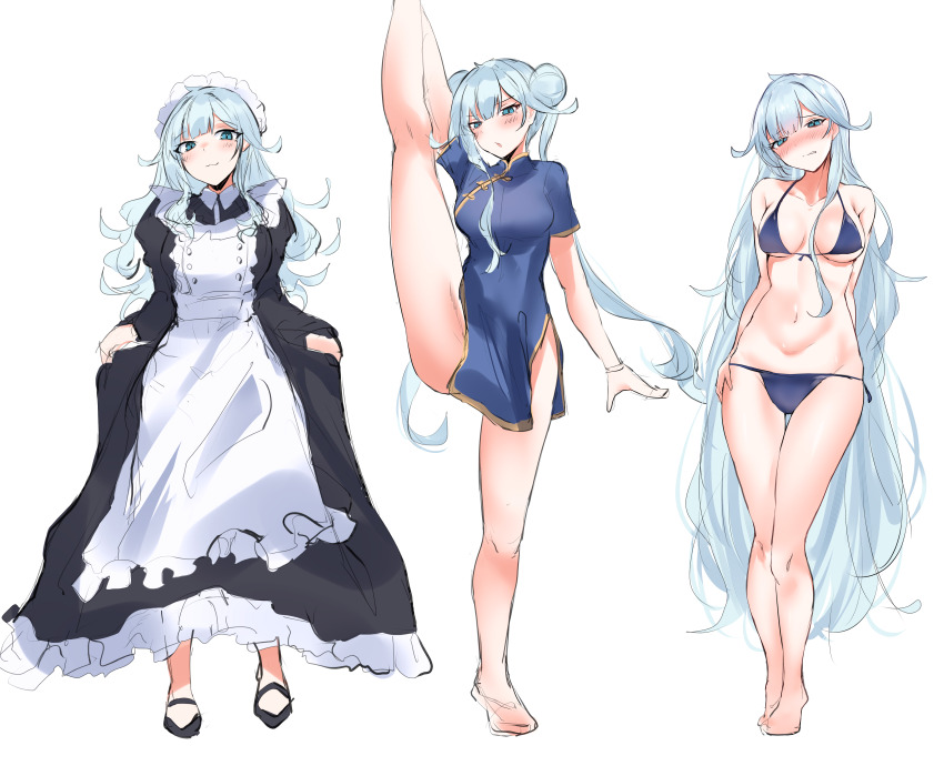 1girl absurdres alternate_costume apron bare_arms bare_legs bare_shoulders barefoot bikini black_dress black_shoes blue_bikini blue_dress blue_eyes blush breasts china_dress chinese_clothes closed_mouth collared_dress double_bun dress enmaided grey_hair hair_bun head_tilt highres juliet_sleeves leg_up long_hair long_sleeves maid maid_apron maid_headdress medium_breasts multiple_views nijisanji nose_blush puffy_sleeves shoes short_sleeves simple_background smile split standing standing_on_one_leg standing_split swimsuit twintails very_long_hair virtual_youtuber white_background yuki_maccha_(yukimattya10) yukishiro_mahiro