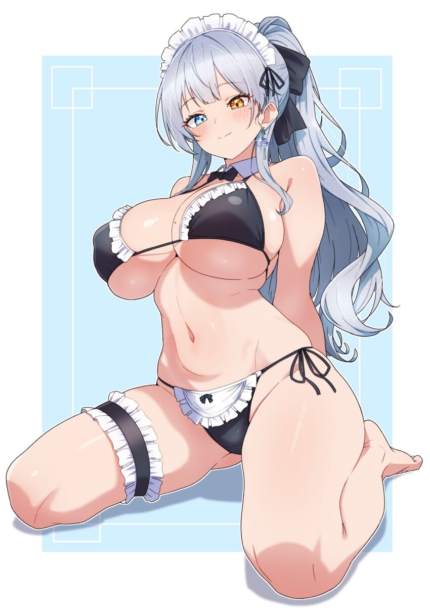 1girl arms_behind_back barefoot bikini black_bikini blue_eyes breasts closed_mouth commentary_request frilled_thigh_strap grey_hair highres kamidan large_breasts long_hair maid maid_bikini maid_headdress navel original ponytail side-tie_bikini_bottom sitting smile solo stomach swimsuit thigh_strap thighs unconventional_maid wariza yellow_eyes