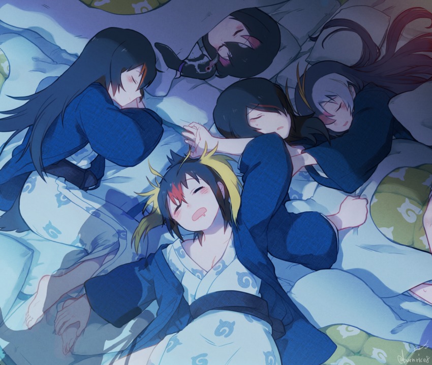 10s 5girls bird black_hair blanket blonde_hair commentary_request emperor_penguin_(kemono_friends) closed_eyes gentoo_penguin_(kemono_friends) grape-kun hair_over_one_eye hug humboldt_penguin_(kemono_friends) japari_symbol_print kemono_friends long_hair lying multicolored_hair multiple_girls on_back on_side open_mouth penguin penguins_performance_project_(kemono_friends) pillow red_hair robe rockhopper_penguin_(kemono_friends) royal_penguin_(kemono_friends) sash seto_(harunadragon) short_hair sleeping twitter_username under_covers white_hair