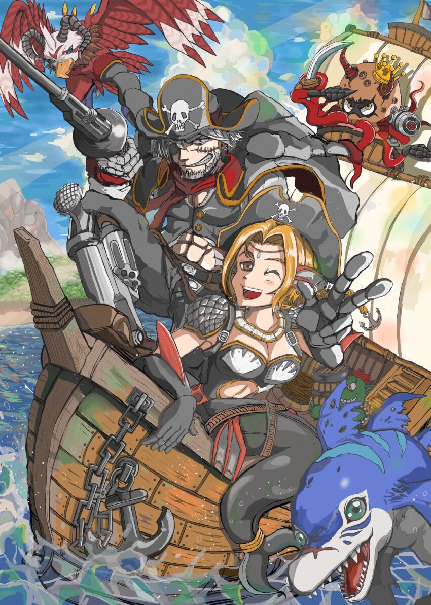 aquilamon captainhookmon digimon digimon_(creature) fins goburimon head_fins highres long_hair mermaid mermaimon monster_girl octmon rukamon
