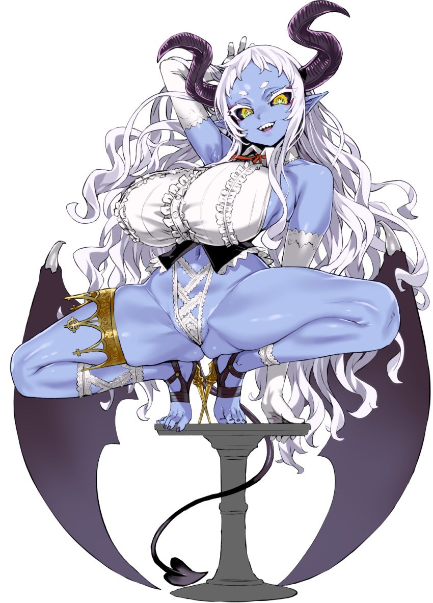 +_+ 1girl arm_up asanagi black_sclera blue_skin breasts colored_sclera colored_skin curled_horns demon demon_girl demon_horns demon_tail erlko_konig_(asanagi) frilled_leotard frills gloves has_a_figure highres horns huge_breasts lace-trimmed_leotard lace_trim leotard long_hair looking_at_viewer navel open_mouth original pointy_ears sharp_teeth shiny_skin simple_background sleeveless sleeveless_turtleneck smile solo spread_legs squatting tail teeth turtleneck very_long_hair white_background white_gloves white_hair