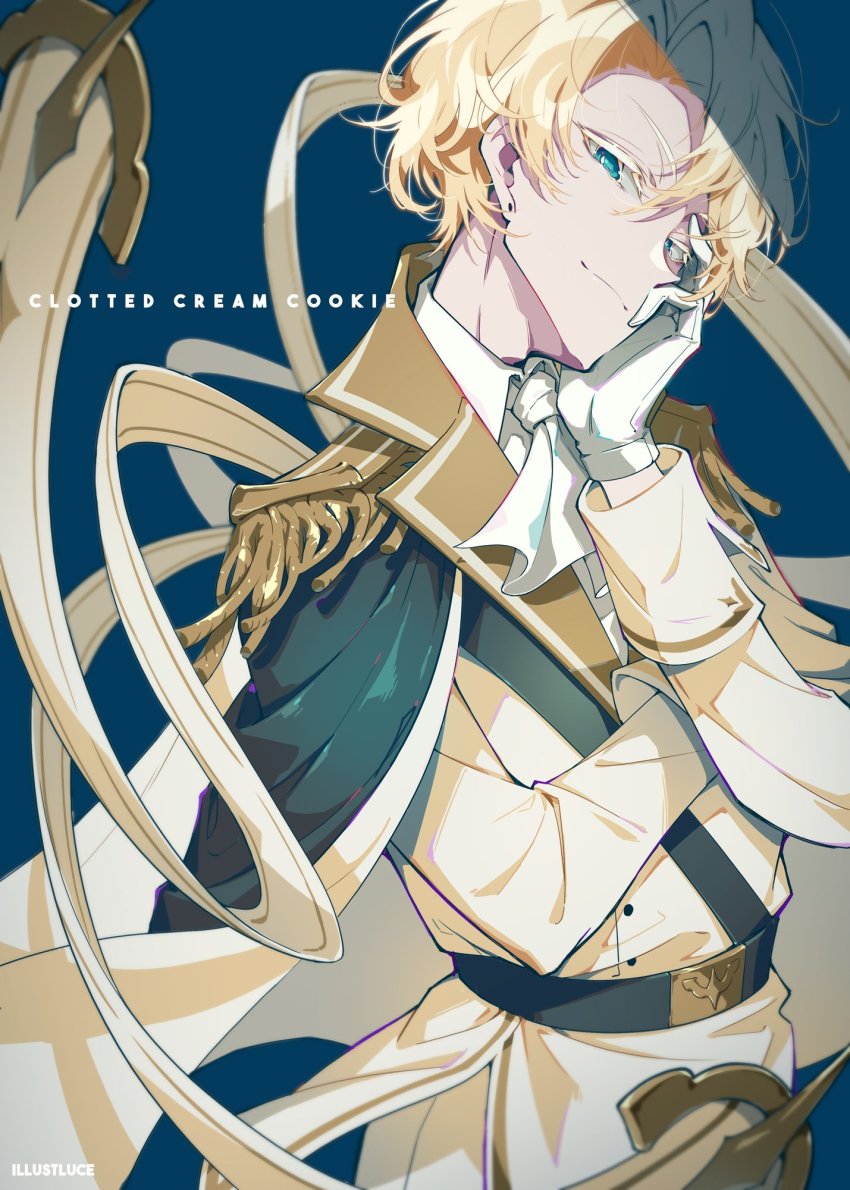 1boy aqua_eyes artist_name ascot belt belt_buckle blonde_hair blouse blue_background bright_pupils buckle cape character_name clotted_cream_cookie collared_shirt colored_eyelashes cookie_run cookie_run:_kingdom earrings epaulettes gloves green_belt hand_on_own_arm hand_on_own_cheek hand_on_own_face head_tilt highres illustluce jacket jewelry korean_commentary looking_at_viewer male_focus pants parted_bangs sam_browne_belt shade shirt short_hair sideways_glance simple_background sleeve_cuffs smile solo stud_earrings upper_body white_gloves white_pupils white_shirt yellow_cape yellow_jacket yellow_pants