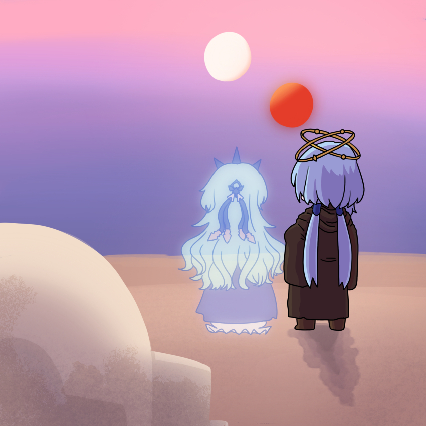 2girls black_robe blue_hair boots brown_boots commentary_request desert force_ghost from_behind griseo griseo_(cosmic_expression) highres honkai_(series) honkai_impact_3rd hood hood_down hooded_robe long_hair low_twintails may_the_4th mobius_(honkai_impact) mokkyo_(motkyo) multiple_girls pink_sky purple_sky red_sun robe sand sky standing star_wars twintails very_long_hair