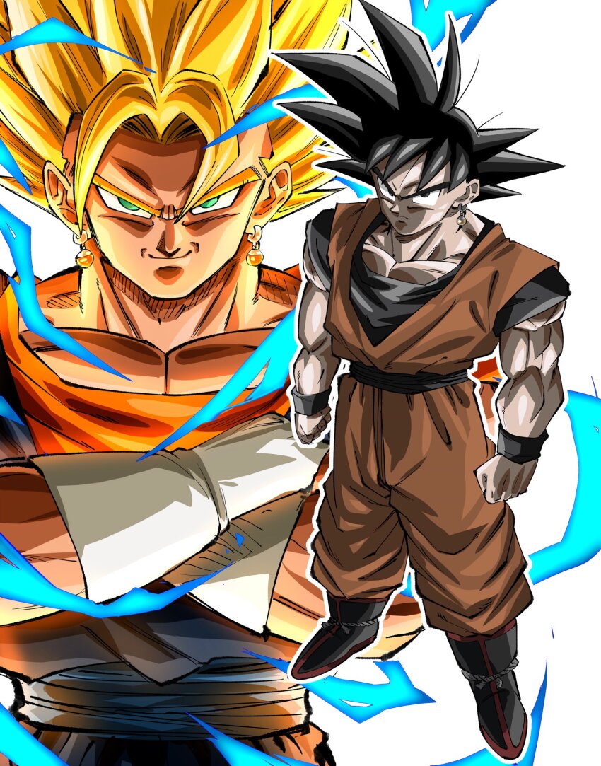 2boys black_hair blonde_hair blue_pants blue_sash blue_shirt crossed_arms dougi dragon_ball dragonball_z earrings full_body green_eyes highres jewelry male_focus medium_hair multiple_boys orange_pants pants potara_earrings rz28kp sash shirt single_earring son_goku spiked_hair super_saiyan super_saiyan_1 upper_body vegetto