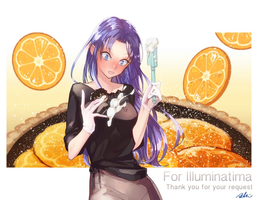 1girl :o black_shirt blue_eyes blush border breasts casual collarbone commission fate/grand_order fate_(series) food fruit full-face_blush highres icing isagiyo kuzuki_souichirou long_hair medea_(caster)_(fate) medea_(fate) medium_breasts official_alternate_costume orange_(fruit) orange_slice pointy_ears purple_hair purple_skirt shirt short_sleeves skirt solo spatula white_border