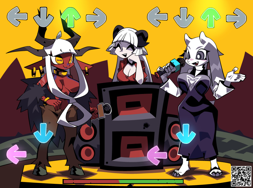 3girls absurdres baphomet_(grizz) baphomet_(mythology) baphomet_(niking) breasts dress earrings friday_night_funkin&#039; furry furry_female hand_on_own_hip helltaker highres hillmyna hoop_earrings hooves jewelry large_breasts long_hair multiple_girls original purple_dress topless_female toriel undertale very_long_hair white_hair