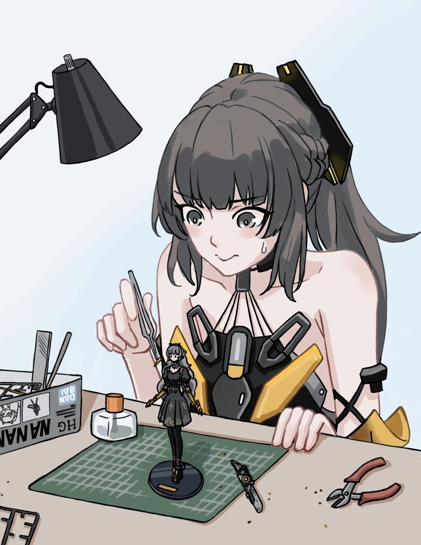 1girl absurdres action_figure bare_shoulders black_dress black_pantyhose bob_cut braid chainsword character_doll character_name doll dress fake_horns french_braid glue grey_eyes grey_hair headgear highres horns lamp long_hair mechanical_arms model_kit nanami:_pulse_(pgr) nanami:_storm_(pgr) nanami_(pgr) pantyhose ponytail punishing:_gray_raven sidelocks sleeveless sleeveless_dress solo sweatdrop toy_packaging trashpanda_11b