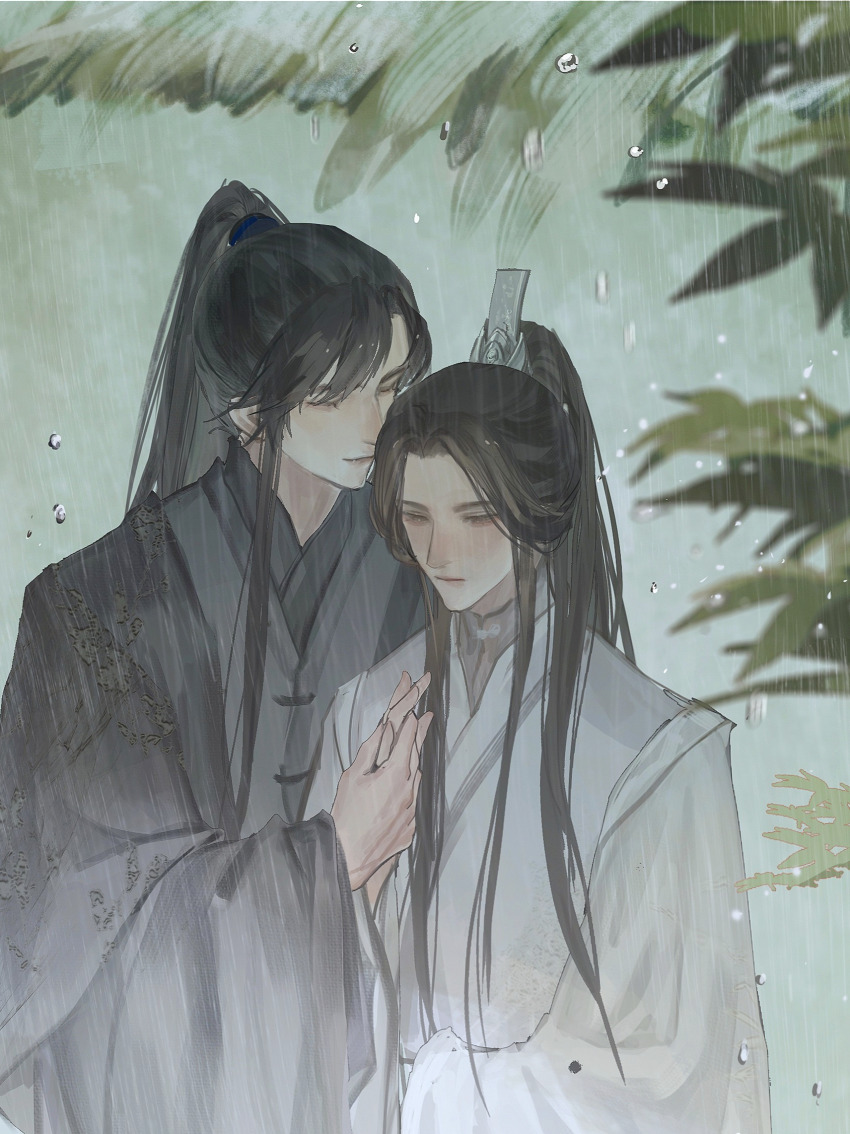 2boys black_hair black_hanfu chinese_clothes chinese_commentary chu_wanning closed_eyes closed_mouth erha_he_tadebai_mao_shizun foliage half_updo hanfu high_ponytail highres holding_hands long_hair long_sleeves looking_down male_focus mo_ran multiple_boys outdoors plant ponytail rain smile tianhongqwq upper_body white_hanfu wide_sleeves xiao_guan_(headdress) yaoi