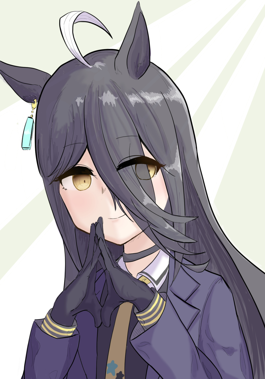 1girl ahoge animal_ears black_choker black_coat black_gloves black_shirt choker closed_mouth coat collared_shirt ear_tag earrings fly_dose gloves hair_between_eyes highres horse_ears horse_girl jewelry long_hair long_hair_between_eyes manhattan_cafe_(umamusume) multicolored_hair open_clothes open_coat own_hands_together shirt single_earring smile solo umamusume very_long_hair white_hair yellow_eyes