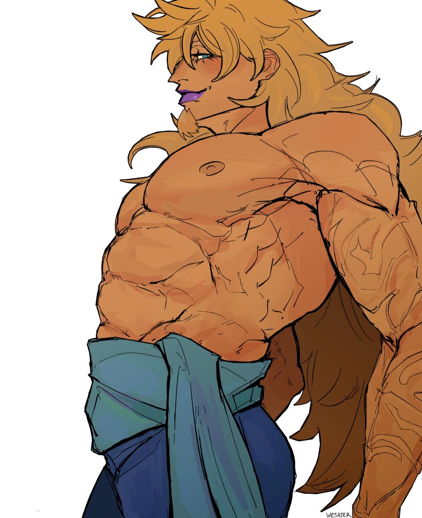 1boy abs absurdres arched_back bara blonde_hair cowboy_shot facial_hair from_side goatee highres killer_(one_piece) large_pectorals long_hair looking_at_viewer male_focus muscular muscular_male nipples one_piece pectorals profile purple_lips seductive_smile sideways_glance smile solo standing topless_male wesaier
