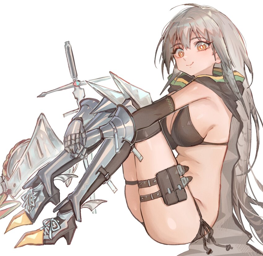 1girl absurdres arknights armor armored_boots bikini boots bright_pupils cape fartooth_(arknights) from_side full_body gauntlets grey_hair highres hugging_own_legs kaguura_(kagu) leg_armor legband long_hair looking_at_viewer planted planted_sword planted_weapon side-tie_bikini_bottom simple_background sitting skindentation smile solo swimsuit sword thigh_boots unworn_headwear weapon white_background white_pupils yellow_eyes
