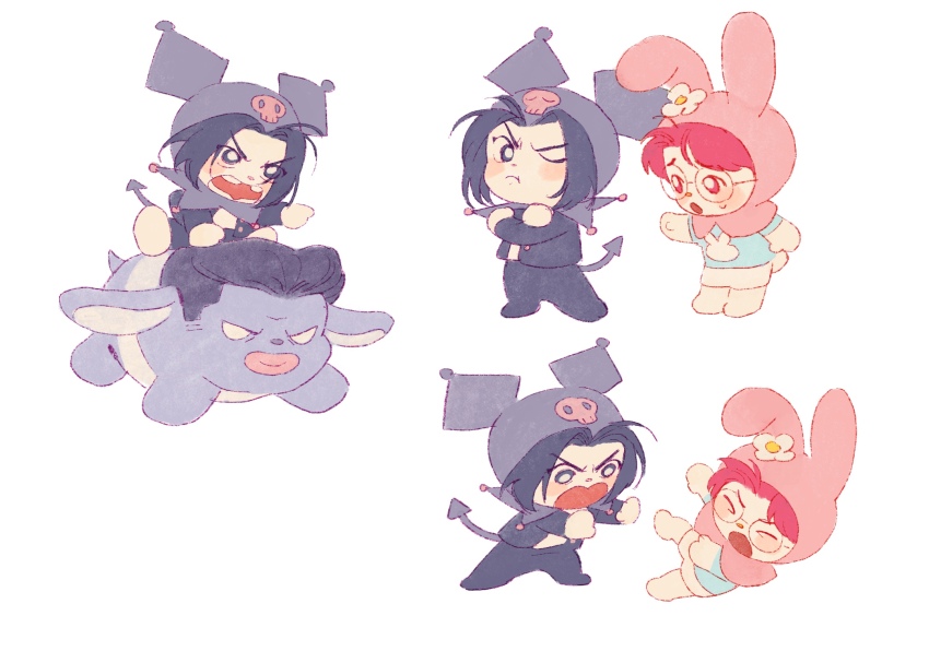 2boys akagi_takenori animal_hat animalization black_eyes black_hair blue_shirt bright_pupils character_request chengongzi123 chibi cosplay crossed_arms demon_tail full_body glasses hat highres kogure_kiminobu kuromi kuromi_(cosplay) looking_at_another male_focus multiple_boys multiple_views my_melody my_melody_(cosplay) one_eye_closed open_mouth pink_hair pointing pushing rabbit_hat rabbit_tail reaching reaching_towards_another riding round_eyewear sanrio shirt short_hair simple_background sitting slam_dunk_(series) standing tail tooth_gap white_background