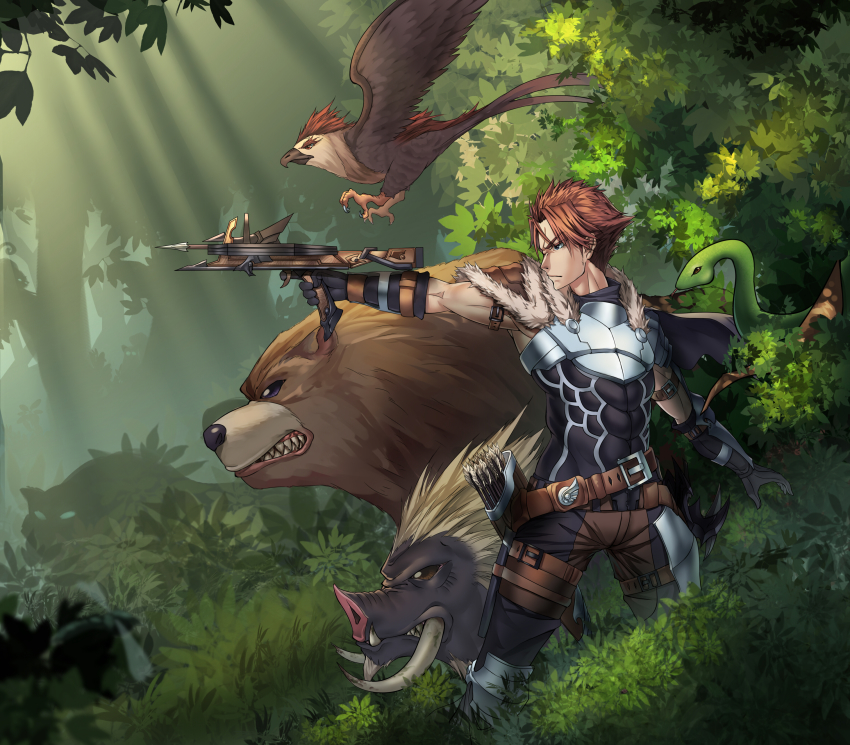 1boy absurdres armor bear belt_pouch bird black_gloves boar bow_(weapon) brown_hair capelet crossbow falcon forest fur_trim gloves highres knife light_rays male_focus nature original outdoors panther pouch profile quiver sakimeikun-daze snake sunbeam sunlight weapon