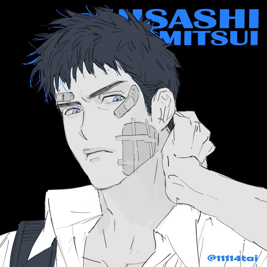 11114tai 1boy arm_up bandaid bandaid_on_face black_background black_hair blue_eyes character_name closed_mouth collarbone collared_shirt gauze gauze_on_cheek highres looking_to_the_side male_focus mitsui_hisashi open_collar shirt short_hair sideburns sideways_glance sketch slam_dunk_(series) solo spot_color twitter_username upper_body wing_collar