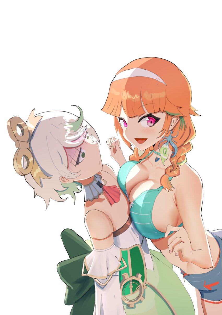 2girls angelchama aqua_hair asymmetrical_docking blue_shorts breast_envy breast_press breasts cecilia_immergreen cecilia_immergreen_(1st_costume) cleavage doll_joints dress green_eyes green_hair headband highres hololive hololive_english joints large_breasts looking_at_viewer multicolored_hair multiple_girls official_alternate_costume open_mouth orange_hair purple_eyes shorts small_breasts smile streaked_hair takanashi_kiara takanashi_kiara_(casual) virtual_youtuber white_dress white_hair white_headband winding_key