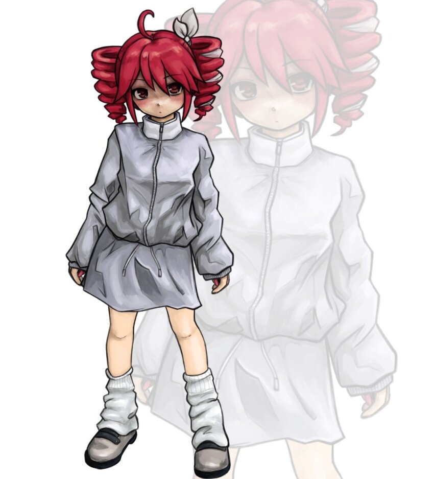 1girl ahoge commentary drill_hair full_body grey_jacket grey_shoes grey_skirt jacket kasane_teto loose_socks miniskirt red_eyes red_hair shirt shoes sidelocks skirt sleeves_past_wrists socks solo twin_drills utau white_shirt zoolpal zoom_layer
