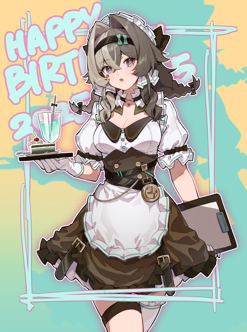 1girl 2025 :o absurdres alternate_costume apron black_hairband breasts brown_dress brown_hair cake cake_slice chinese_commentary commentary_request cowboy_shot dress drink enioreh food gloves grey_eyes hair_intakes hairband happy_birthday highres holding holding_notepad honkai_(series) honkai_impact_3rd large_breasts maid maid_apron maid_headdress medium_hair notepad orange_background solo thigh_strap thighs vill-v white_apron white_gloves