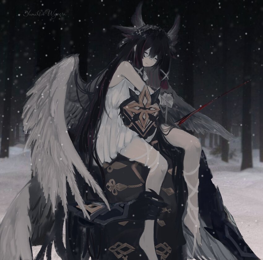 1boy 1girl angel_wings artist_name barefoot black_coat black_hair black_mask blood_sword capitano_(genshin_impact) carrying carrying_person closed_eyes coat columbina_(genshin_impact) detached_sleeves dim_lighting dress elbow_rest eye_mask feathered_wings frilled_sleeves frills genshin_impact hair_between_eyes hair_ribbon hashtag-only_commentary head_down head_ornament highres holding_another&#039;s_leg long_hair mask mask_on_head multicolored_hair multiple_wings piggyback pink_hair ribbon short_dress signature sleeveless sleeveless_dress snowing very_long_hair white_dress white_mask white_wings wings yumicowyvern