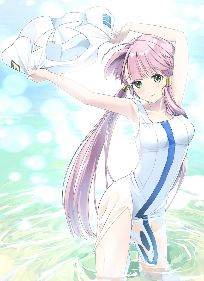 1girl aogirism aqua_background aria_(manga) armpits arms_up blush breasts closed_mouth collarbone cowboy_shot dress eyelashes green_eyes hair_tubes highres holding impossible_clothes impossible_dress looking_at_viewer medium_breasts mizunashi_akari pink_hair ripples short_hair_with_long_locks side_slit sleeveless sleeveless_dress smile solo unworn_blouse wading water wet wet_clothes wet_dress white_dress