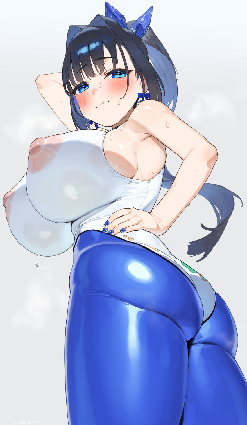 1girl absurdres ass bare_shoulders black_hair blue_eyes blue_hair blush breasts cosplay covered_erect_nipples curvy frikulu from_behind highleg highleg_leotard highres hololive hololive_english huge_breasts leotard looking_at_viewer looking_back nipples ouro_kronii paid_reward_available ponytail see-through_clothes simple_background skin_tight smile solo standing sweat takanashi_kiara takanashi_kiara_(cosplay) takanashi_kiara_(fever_night) thick_thighs thighs virtual_youtuber