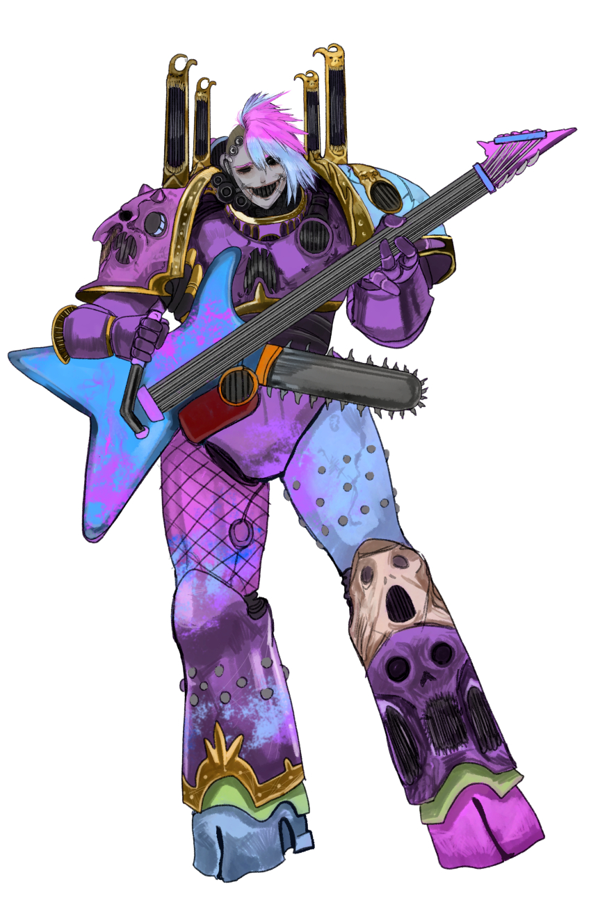 1girl absurdres adeptus_astartes armor black_eyes blue_hair chainsaw_guitar chaos_(warhammer) chaos_space_marine commentary emperor&#039;s_children english_commentary full_armor full_body gauntlets genderswap genderswap_(mtf) guitar highres instrument kkghost_tv multicolored_hair no_pupils noise_marines pauldrons pink_hair power_armor shoulder_armor side_cut slaanesh_(cult) solo two-tone_hair warhammer_40k white_background
