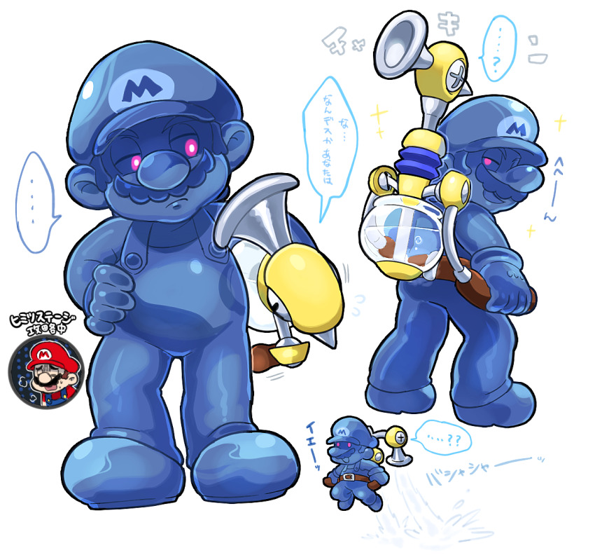 1boy belt blue_hair blue_overalls blue_skirt clone closed_eyes commentary evil_grin evil_smile f.l.u.d.d. facial_hair frown full_body glowing glowing_eyes grin hat hoshi_(star-name2000) male_focus mario mario_(series) mustache nintendo overalls red_eyes red_shirt shadow_mario shirt short_hair skirt slation_request smile speech_bubble super_mario_sunshine