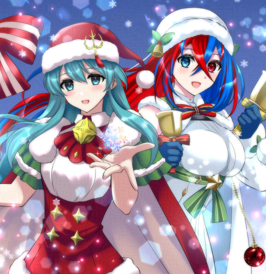 1girl 2girls alear_(female)_(gifted_dragons)_(fire_emblem) alear_(fire_emblem) aqua_eyes aqua_hair bell blue_eyes blue_gloves blue_hair breasts cape christmas crossed_bangs eirika_(fire_emblem) eirika_(winter)_(fire_emblem) fire_emblem fire_emblem:_the_sacred_stones fire_emblem_engage fire_emblem_heroes fur-trimmed_headwear fur_trim fur_wrist_cuffs gloves hair_between_eyes hat heterochromia holding holding_bell holding_staff kakiko210 large_breasts long_hair looking_at_viewer medium_breasts multicolored_hair multiple_girls nintendo official_alternate_costume open_mouth red_eyes red_gloves red_hair red_hat santa_costume santa_hat smile snowflakes split-color_hair staff two-tone_hair very_long_hair wrist_cuffs