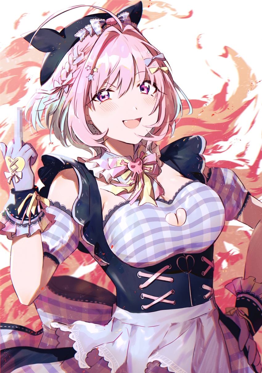 1girl absurdres ahoge black_hat bow braid breasts censored censored_gesture cleavage_cutout clothing_cutout dress earrings fang fire gloves hair_between_eyes hair_bow hair_ornament hamachamu hand_on_own_hip hand_up hat heart heart_cutout heart_print highres idolmaster idolmaster_cinderella_girls idolmaster_cinderella_girls_starlight_stage jewelry large_breasts light_blush looking_at_viewer middle_finger mosaic_censoring multicolored_hair neck_ribbon official_alternate_costume open_mouth pink_eyes pink_hair pink_ribbon plaid_bow plaid_clothes plaid_dress purple_bow purple_dress purple_gloves raised_eyebrows ribbon short_hair single_braid skull_and_crossbones smile smug solo star_(symbol) star_hair_ornament two-tone_hair yellow_bow yellow_ribbon yumemi_riamu