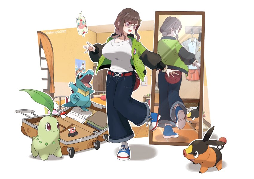 1girl apple_hair_ornament applin artist_name bed belt bewear border breasts brown_hair buzzwole cellphone chikorita clothes_writing commentary_request cosplay curtains fang folded_clothes food-themed_hair_ornament full-length_mirror gen_2_pokemon gen_4_pokemon gen_5_pokemon gen_7_pokemon gen_8_pokemon glassy0302 green_jacket grey_eyes hair_bun hair_ornament happy harmony_(pokemon) harmony_(pokemon)_(cosplay) highres huge_breasts indoors jacket jewelry kuraishi_rinngo looking_at_another looking_at_self medium_hair mirror nintendo open_mouth open_suitcase original outside_border phone poke_ball poke_ball_(basic) pokemon pokemon_(creature) pokemon_legends:_z-a poster_(object) pouch red-tinted_eyewear red_belt reflection rotom rotom_phone shadow shirt shoes sidelocks smartphone smile socks standing standing_on_one_leg starter_pokemon_trio stuffed_toy suitcase sunglasses tepig tinted_eyewear totodile translated twitter_username ultra_beast white_border white_shirt white_socks window