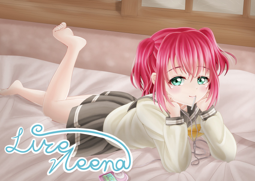 1girl aqua_eyes artist_name bed blush bow bowtie breasts collarbone digital_media_player feet female_focus full_body green_eyes grey_skirt hair_between_eyes headphones highres ipod kurosawa_ruby lire_neena long_sleeves looking_at_viewer love_live! love_live!_sunshine!! lying miniskirt on_bed parted_lips pleated_skirt red_hair sailor_collar school_uniform shirt short_hair skirt smile solo two_side_up uranohoshi_school_uniform white_shirt yellow_bow yellow_bowtie