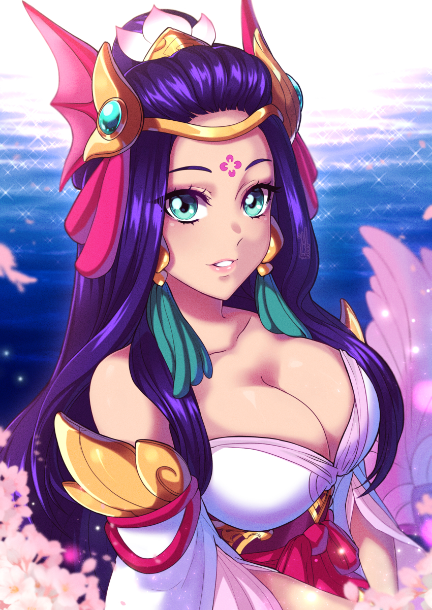 1girl absurdres bare_shoulders blue_eyes blue_hair breasts cherry_blossoms cleavage collarbone eyes_visible_through_hair feather_hair hair_ornament hands_together high_ponytail highres huge_filesize large_breasts league_of_legends long_hair looking_at_viewer maiulive mermaid monster_girl nami_(league_of_legends) ponytail sparkle splendid_staff_nami tagme underbust upper_body very_long_hair
