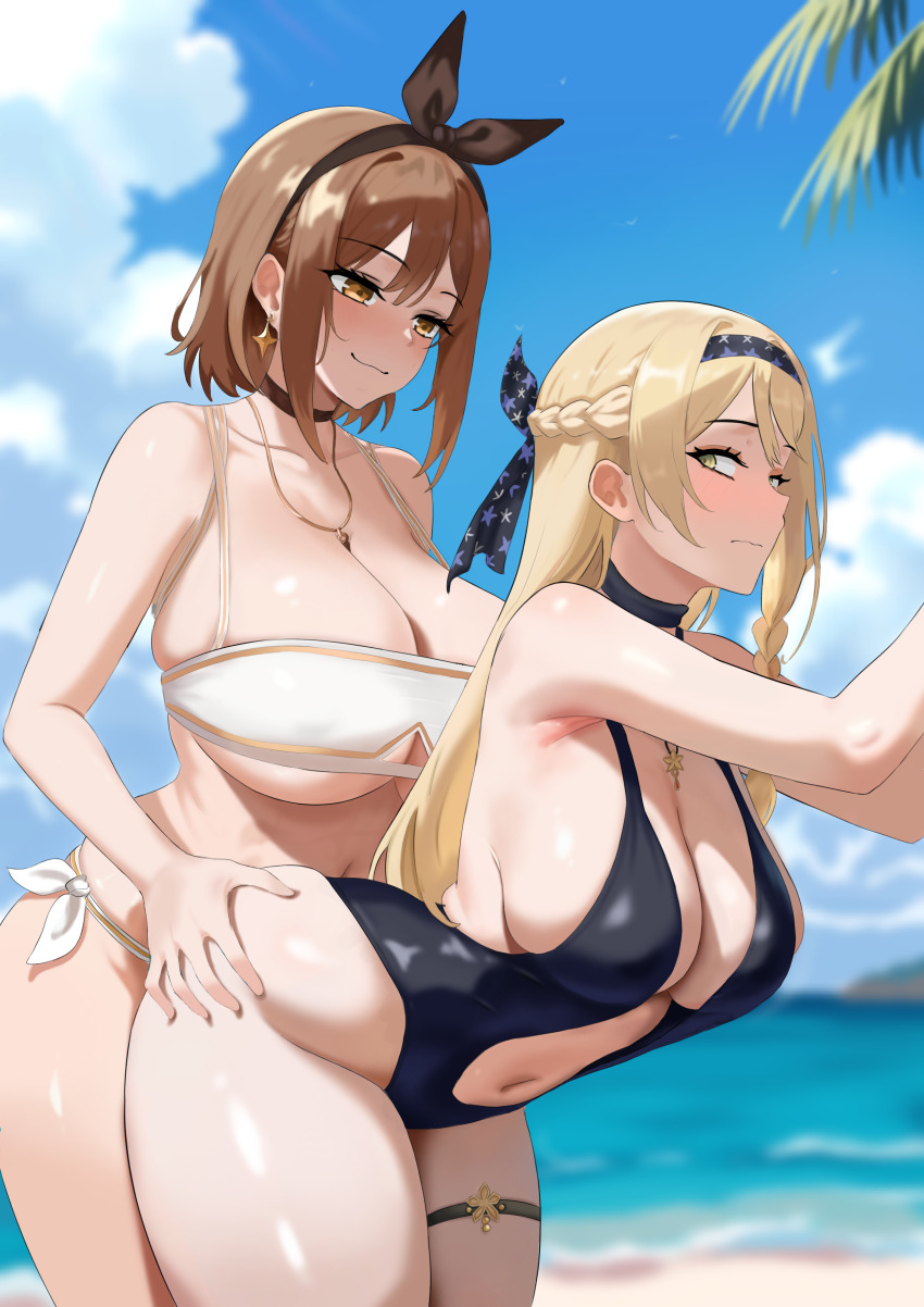 2girls absurdres amadeuslight atelier_(series) atelier_resleriana atelier_ryza beach behind_another bent_over bikini blonde_hair blue_sky breasts brown_eyes brown_hair closed_mouth commentary cowboy_shot day english_commentary green_eyes highres huge_breasts humping implied_futanari jewelry klaudia_valentz klaudia_valentz_(moonlit_beach) long_hair medium_hair multiple_girls navel necklace official_alternate_costume open_mouth outdoors penis reisalin_stout sideboob sky swimsuit thigh_strap thighs yuri