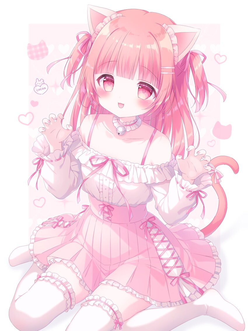 1girl :d :o absurdres animal_ear_fluff animal_ears bare_shoulders bell blush bow breasts cat_ears cat_girl cat_tail choker cleavage collar collarbone fang frills full_body hair_between_eyes hair_bow hair_ornament hair_ribbon heart highres jingle_bell long_hair long_sleeves looking_at_viewer medium_breasts no_shoes off_shoulder open_mouth original paw_pose pink_eyes pink_hair pleated_skirt red_eyes ribbon shirt sitting skirt sleeves_past_wrists smile solo tail tail_bow tail_ornament tail_raised tail_ribbon thighhighs twintails two_side_up usami_cocoa wariza white_shirt zettai_ryouiki
