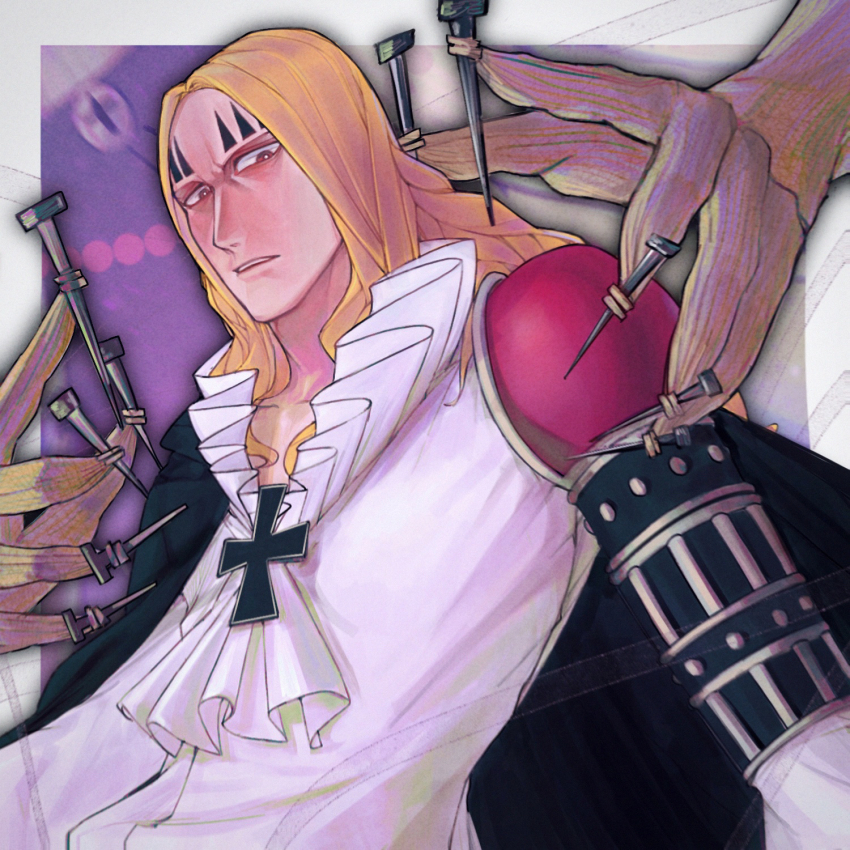 1boy armor basil_hawkins blonde_hair commentary cross cross_patty facial_mark facial_tattoo highres long_hair male_focus mygiorni nail_(hardware) one_piece pauldrons shirt shoulder_armor single_pauldron solo tattoo teeth white_shirt