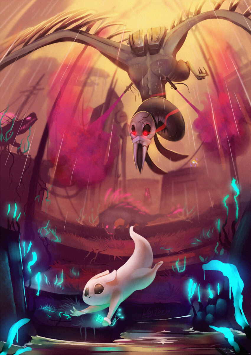 absurdres bioluminescence biomechanical bird blue_glow cat chasing glowing highres lizard lizard_(rain_world) predator_and_prey rain_world slugcat vulture vulture_(rain_world) water