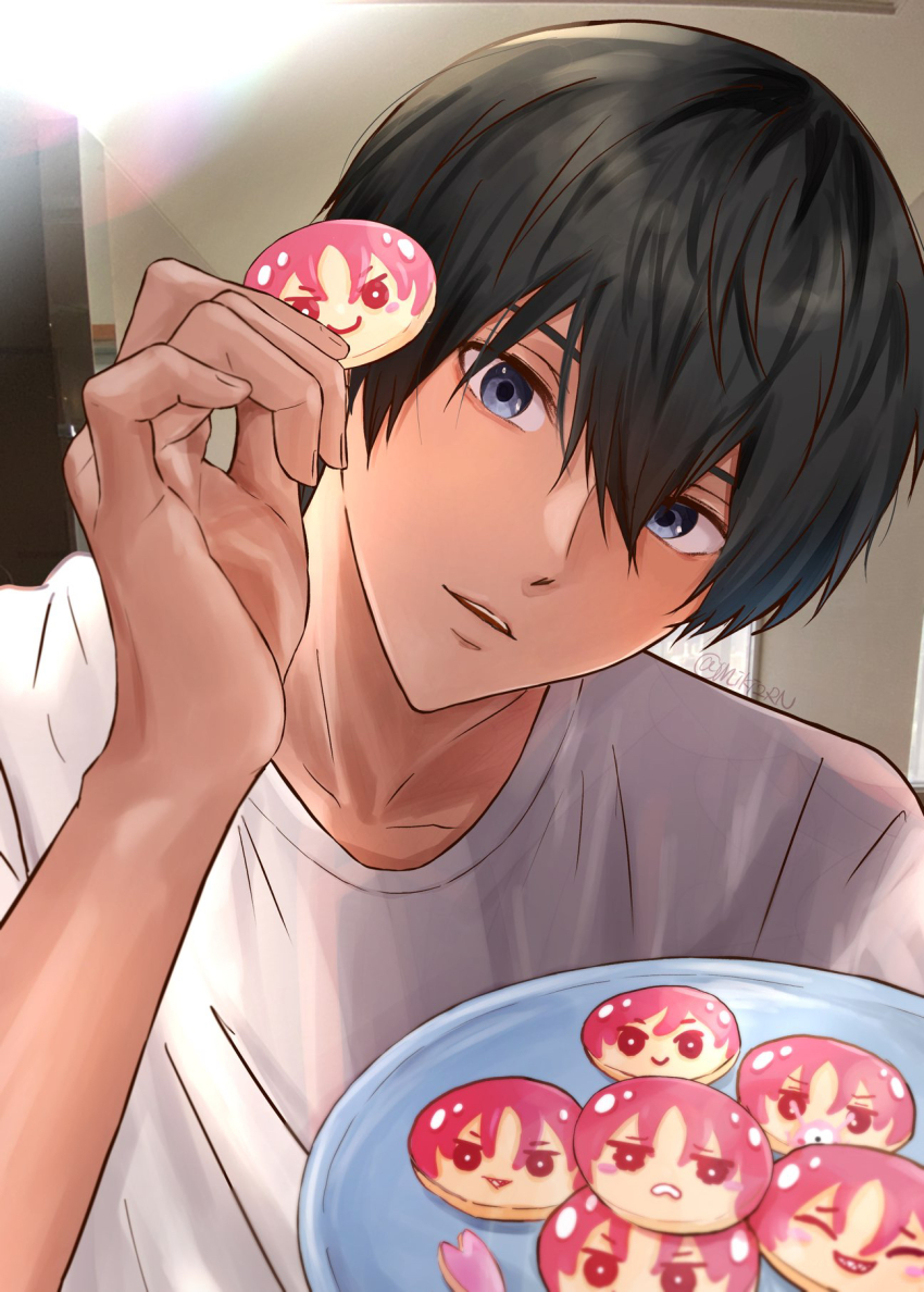 1boy black_hair blue_eyes character-themed_food food free! hair_between_eyes highres holding holding_food holding_plate indoors looking_at_viewer male_focus matsuoka_rin nanase_haruka_(free!) nori0602ohl parted_lips plate shirt short_hair solo upper_body white_shirt