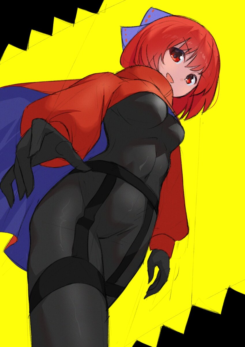 1girl adapted_costume akatsuki_records black_background black_bodysuit black_gloves blue_bow blue_cape bodysuit bow breasts cape catsuit cloak commentary_request covered_navel elbow_gloves from_below gloves hair_bow highres latex latex_bodysuit latex_gloves latex_legwear latex_suit long_glove looking_at_viewer open_mouth puffy_sleeves punidayo red_cape red_cloak red_eyes red_hair red_sleeves ribbon-trimmed_bow ribbon_trim rock_&#039;n&#039;_rock_&#039;n&#039;_beat sekibanki short_hair simple_background skin_tight small_breasts solo touhou two-sided_cape two-sided_fabric two-tone_cape yellow_background