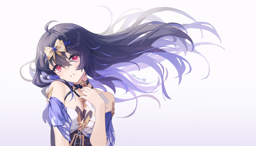 1girl absurdres ahoge artist_name benghuai_xueyuan bow dated fled floating_hair grey_background hair_bow headband highres honkai_(series) long_hair looking_at_viewer purple_hair red_eyes seele_(alter_ego) seele_vollerei seele_vollerei_(magic_girl_seele) seele_vollerei_(starchasm_nyx) simple_background smile solo upper_body yellow_bow