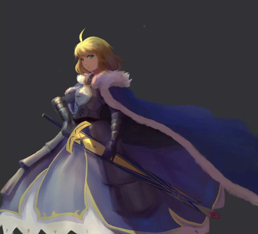 1girl ahoge alternate_hairstyle armor armored_dress artoria_pendragon_(fate) avalon_(fate) blonde_hair blue_cape blue_dress breastplate cape dress excalibur_(fate/stay_night) excalibur_(mythology) fate/grand_order fate_(series) female_focus female_knight fur-trimmed_cape fur_trim green_eyes grey_background highres looking_at_viewer saber_(fate) scabbard sheath short_hair solo sword weapon zwc1271750321
